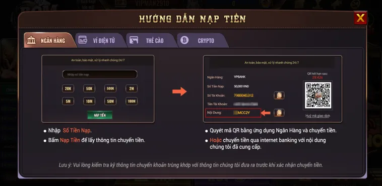 Hướng dẫn nạp tiền qua ngân hàng chỉ với thao tác đơn giản an toàn tiện lợi.